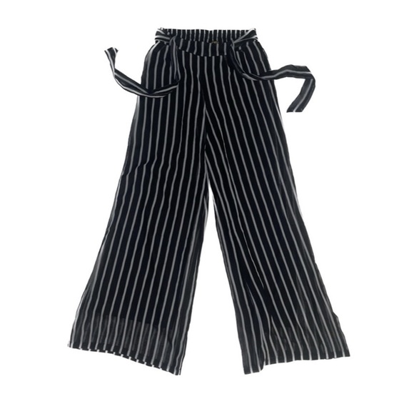 Revamped Flowey Vertical Striped Pants with Belt | Black and White - Picture 1 of 4